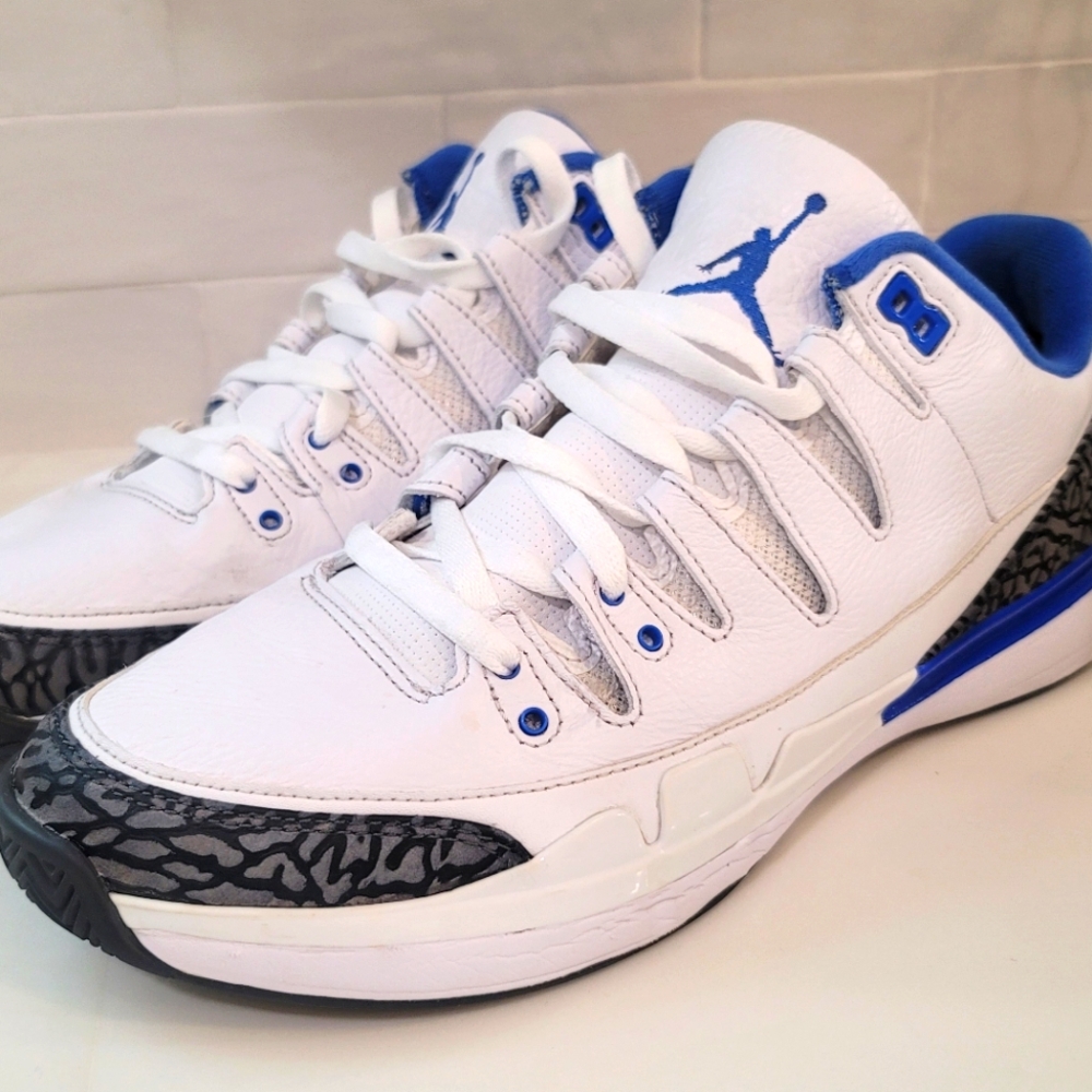 Jordan Men's White Blue Athletic Shoes with Gray Elephant Print